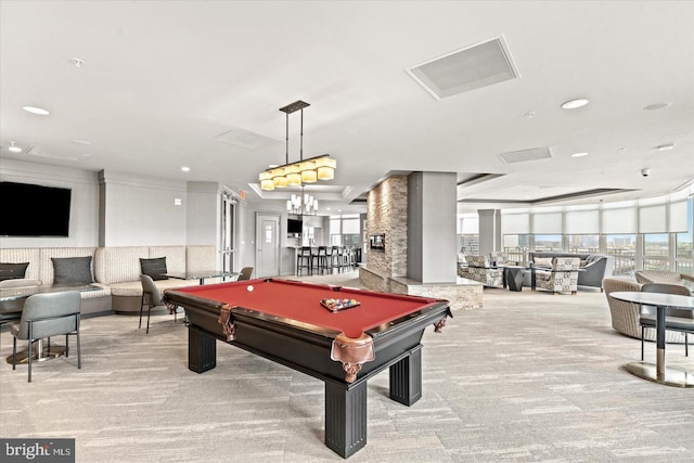 recreation room featuring light carpet, recessed lighting, and pool table