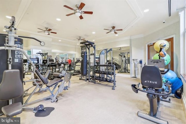 workout area featuring recessed lighting and light carpet