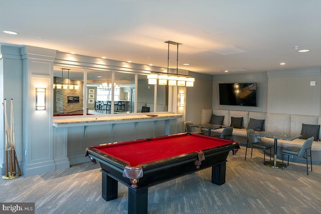 game room featuring billiards, carpet flooring, and recessed lighting