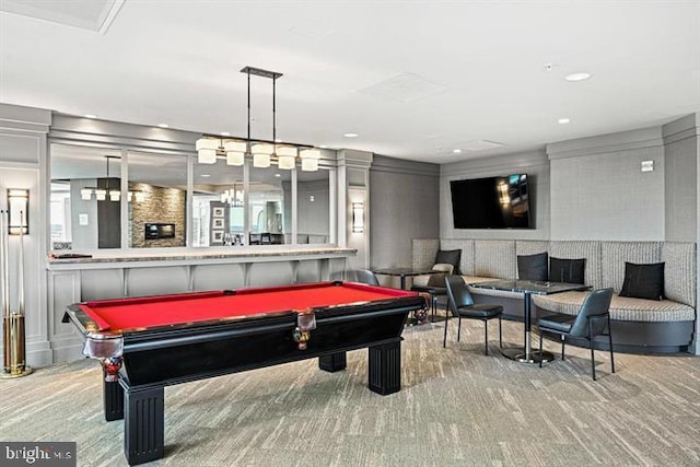 game room with recessed lighting, billiards, and light colored carpet