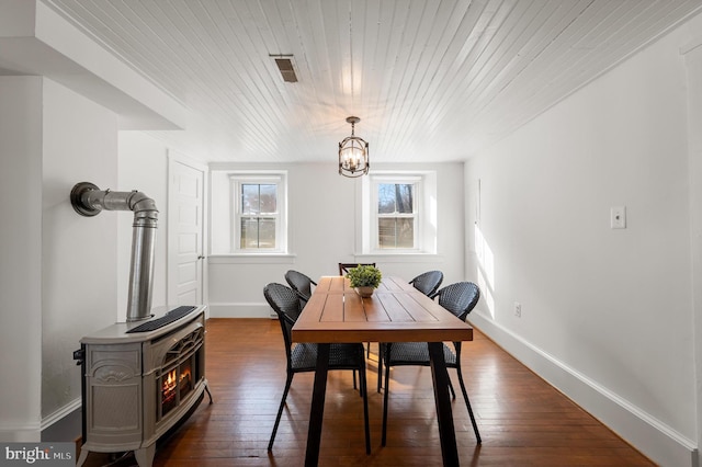 dining room with wooden ceiling, visible vents, dark wood finished floors, and baseboards