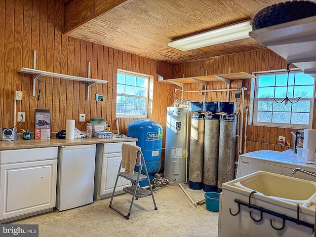 laundry room featuring wooden ceiling, wood walls, washer / clothes dryer, and electric water heater