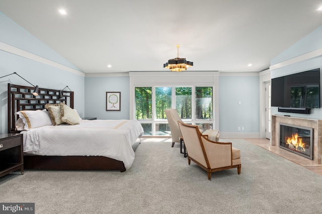 bedroom featuring recessed lighting, a fireplace, baseboards, and vaulted ceiling