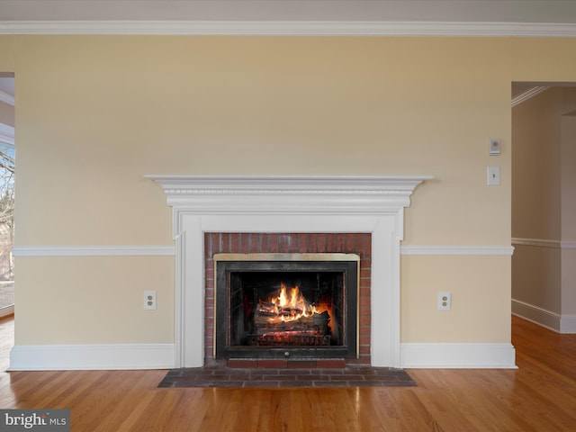 room details with ornamental molding, a fireplace, baseboards, and wood finished floors