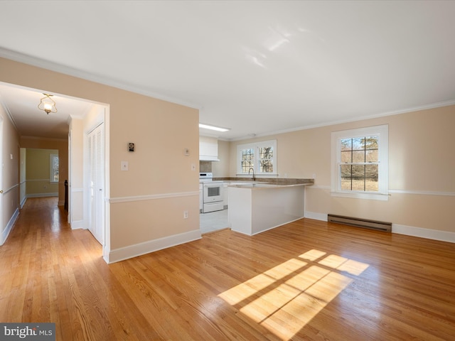 interior space featuring a baseboard radiator, baseboards, light wood-style flooring, and crown molding