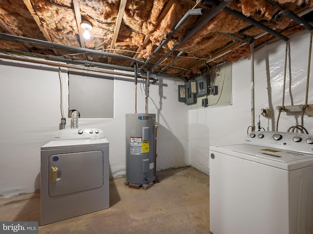 laundry room featuring laundry area, washing machine and clothes dryer, electric water heater, and electric panel