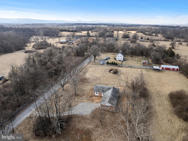 birds eye view of property featuring a mountain view and a rural view