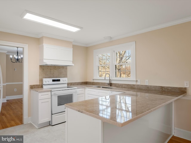 kitchen with a peninsula, electric range, a sink, white cabinets, and light countertops