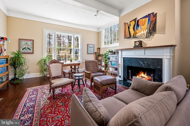 living area featuring ornamental molding, hardwood / wood-style flooring, a high end fireplace, and baseboards