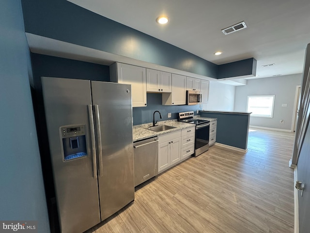 kitchen featuring stainless steel appliances, visible vents, white cabinets, a sink, and light wood-type flooring