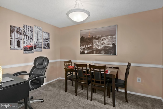 carpeted home office featuring a textured ceiling and baseboards