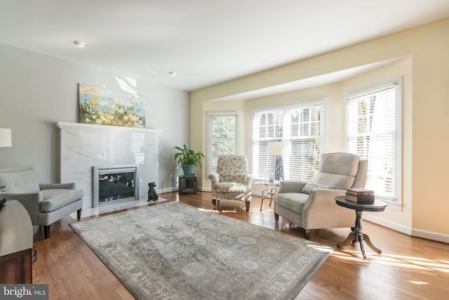 living area featuring baseboards, a high end fireplace, a wealth of natural light, and wood finished floors