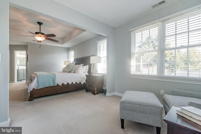 bedroom with carpet floors, baseboards, visible vents, and a raised ceiling