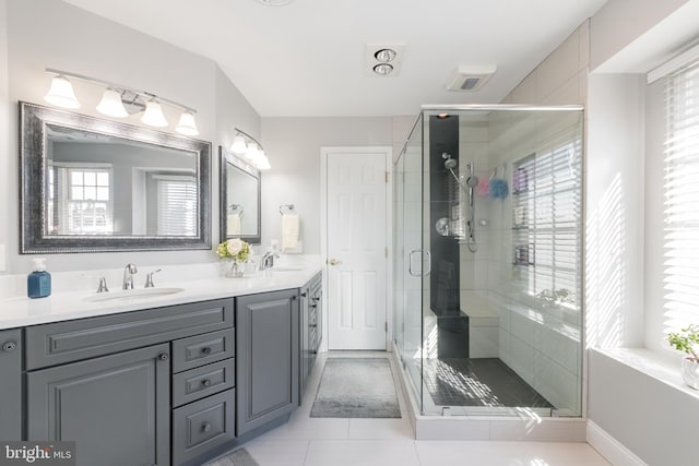 full bathroom with a sink, a shower stall, and double vanity