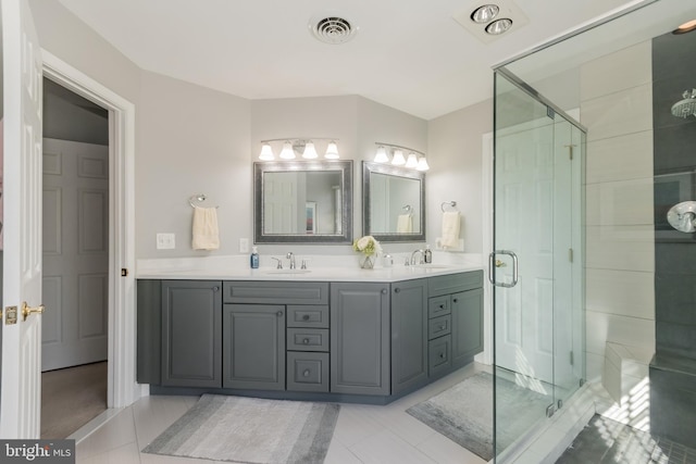 full bathroom with a shower stall, visible vents, and a sink