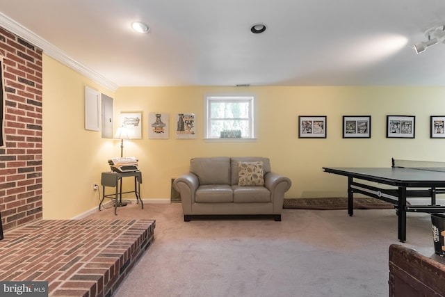 carpeted living room with baseboards and crown molding