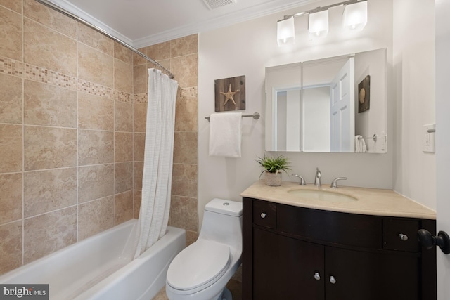 full bathroom featuring toilet, crown molding, visible vents, vanity, and shower / bathtub combination with curtain