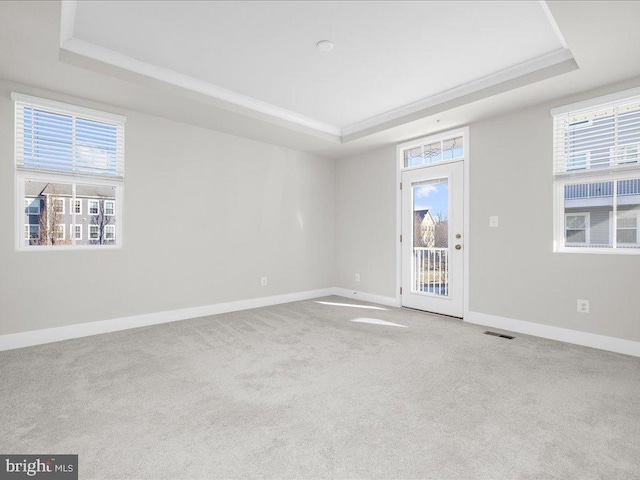 spare room with a tray ceiling, plenty of natural light, carpet flooring, and visible vents