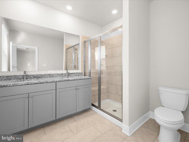 full bathroom with tile patterned flooring, a sink, toilet, and a shower stall