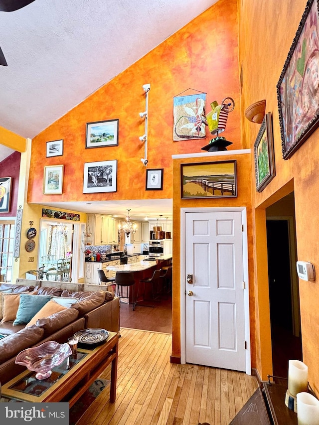 living area with high vaulted ceiling, light wood-style flooring, and a textured ceiling