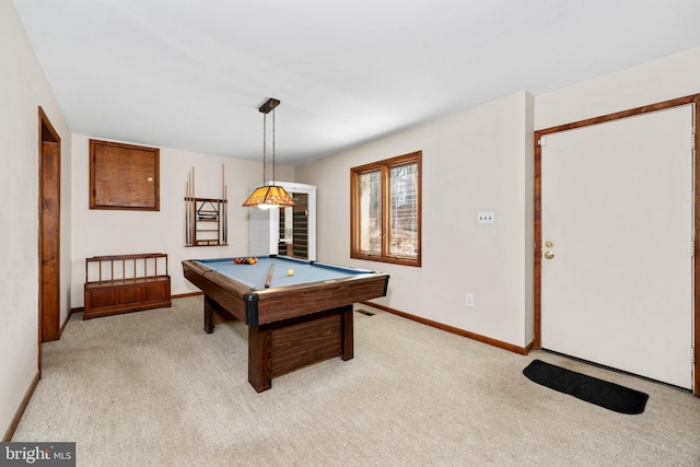 game room with baseboards, pool table, and light colored carpet