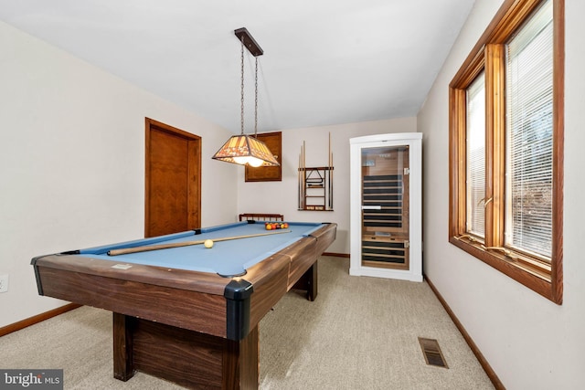 rec room featuring visible vents, billiards, light carpet, and baseboards