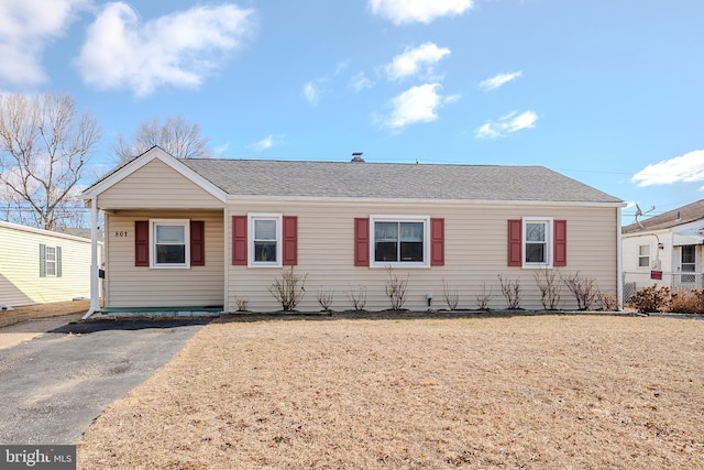 ranch-style home with roof with shingles