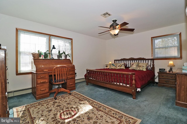 bedroom with a baseboard heating unit, dark colored carpet, ceiling fan, and visible vents