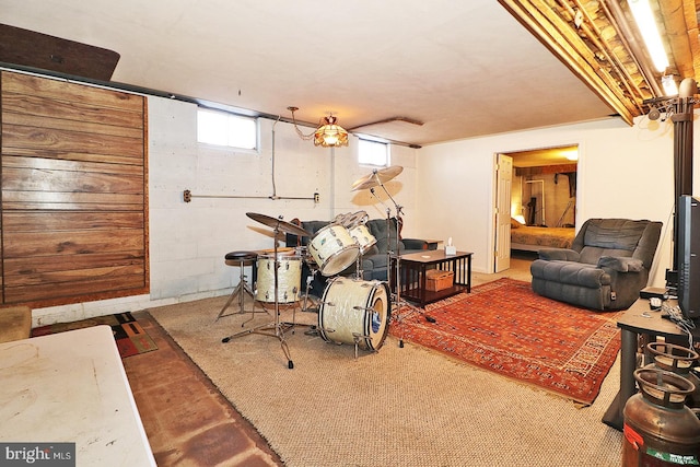 interior space featuring concrete block wall