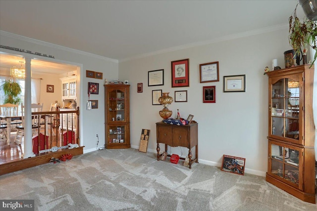 living area with crown molding, baseboards, and carpet