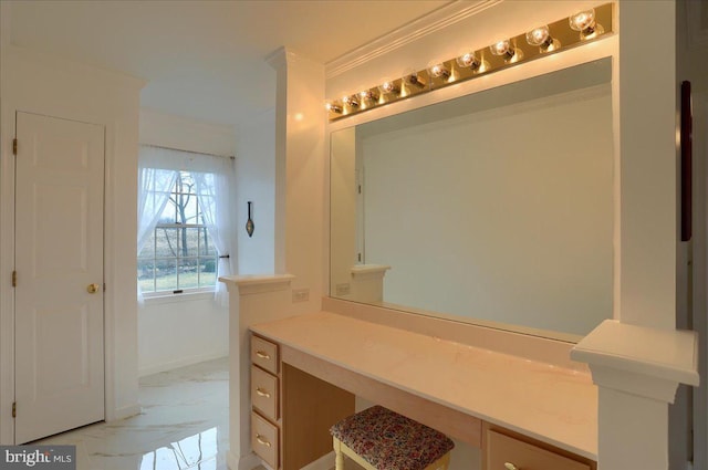 bathroom featuring crown molding and marble finish floor