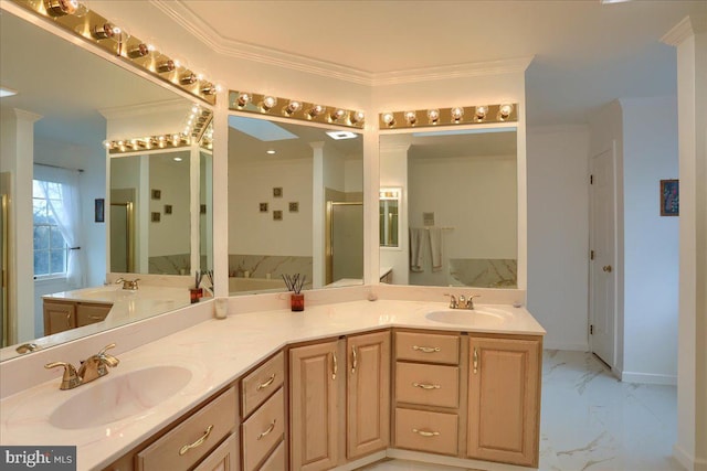 bathroom featuring crown molding, a shower stall, a sink, and marble finish floor