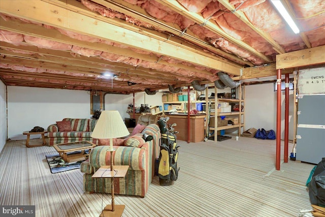 unfinished below grade area featuring carpet