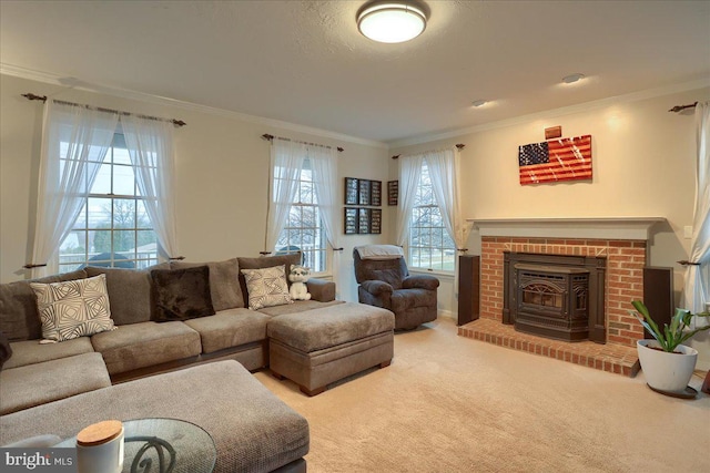 living area featuring crown molding, carpet flooring, and a fireplace