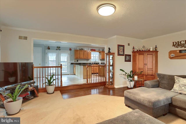 living room with french doors, baseboards, wood finished floors, visible vents, and ornamental molding