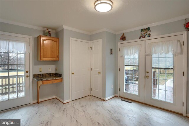 doorway to outside with french doors, visible vents, crown molding, baseboards, and marble finish floor