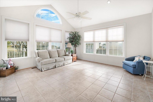 sunroom featuring a ceiling fan, a wealth of natural light, and lofted ceiling