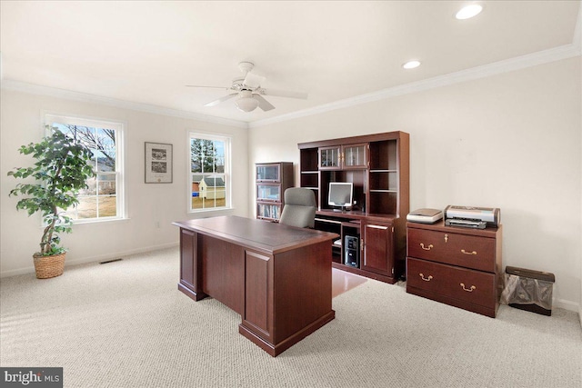 office area with ornamental molding, visible vents, and baseboards