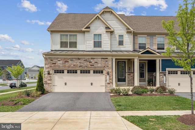 craftsman-style home with driveway, a standing seam roof, roof with shingles, a porch, and a garage