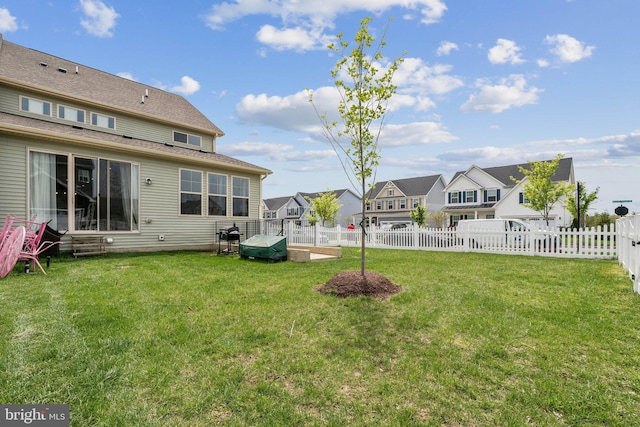 view of yard with a residential view and a fenced backyard