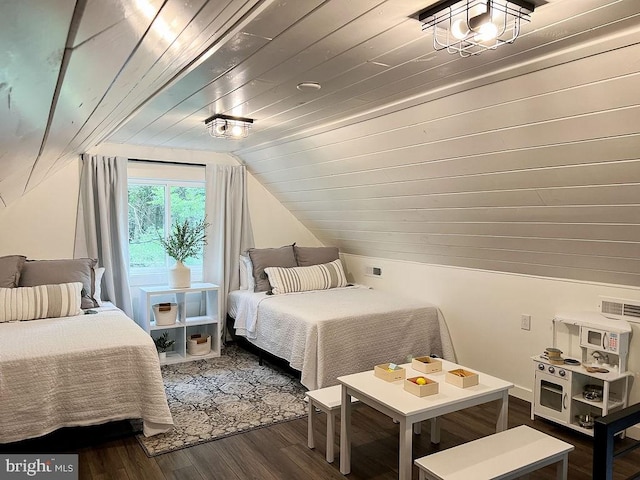 bedroom featuring lofted ceiling, wooden ceiling, dark wood finished floors, and visible vents