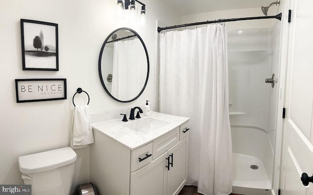 bathroom with toilet, a shower stall, and vanity