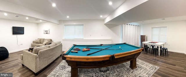 game room featuring billiards, visible vents, baseboards, wood finished floors, and recessed lighting