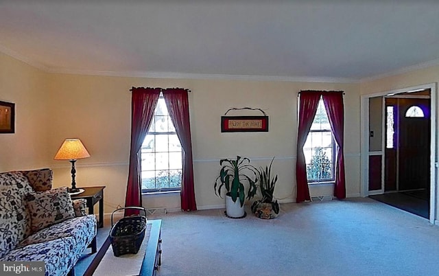 interior space with carpet floors, plenty of natural light, ornamental molding, and baseboards