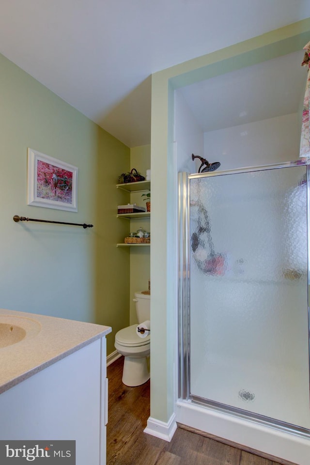 bathroom featuring toilet, a shower stall, wood finished floors, and vanity