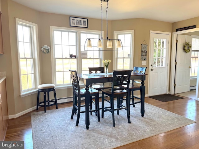 dining area featuring a baseboard radiator, wood finished floors, and baseboards