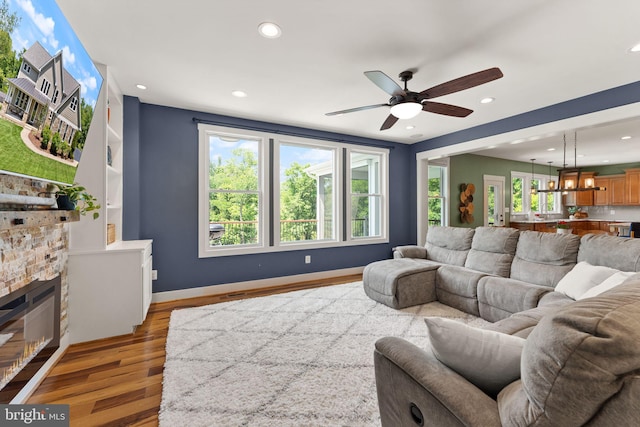 36976 Walnut Park Ln, Purcellville, VA 20132 - living room with a ceiling fan, wood finished floors, plenty of natural light, recessed lighting, and baseboards