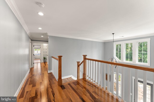 36976 Walnut Park Ln, Purcellville, VA 20132 - hall featuring an upstairs landing, ornamental molding, baseboards, recessed lighting, and wood finished floors