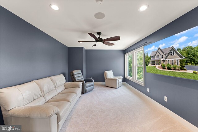 36976 Walnut Park Ln, Purcellville, VA 20132 - living room featuring carpet floors, a ceiling fan, recessed lighting, and baseboards