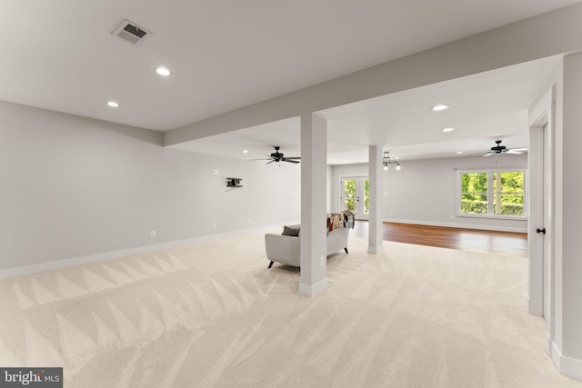 36976 Walnut Park Ln, Purcellville, VA 20132 - below grade area featuring light colored carpet, recessed lighting, baseboards, and ceiling fan